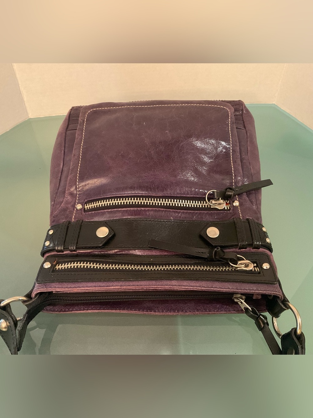 TANO POLISHED PURPLE LEATHER CROSSBODY WITH BLACK TRIM JOINTED CROSSBODY STRAP - Picture 2 of 15